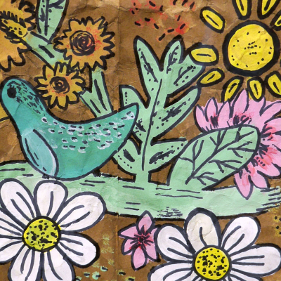 A turquoise-coloured duck on a lake with large sun flowers, plants, and sun behind it.