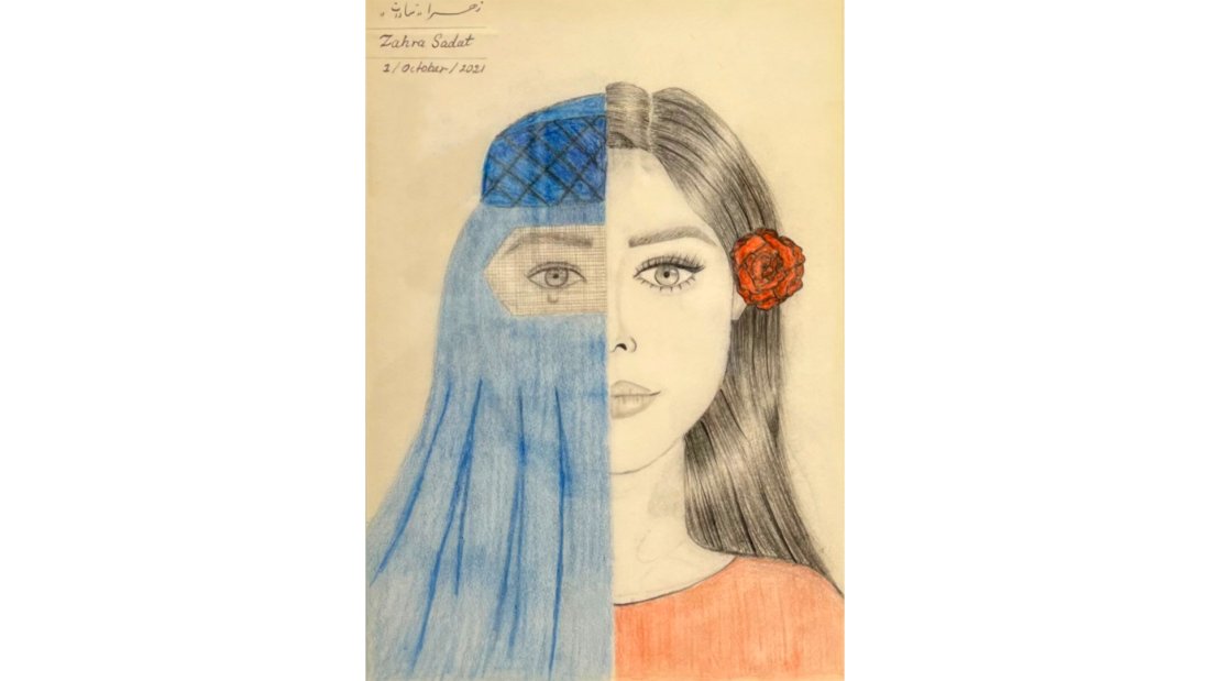 Portrait of a woman facing the viewer. The left side of her face is covered in a blue burka with a teardrop falling from the eye; the right shows her features outlined with makeup and a red flower in her long hair.
