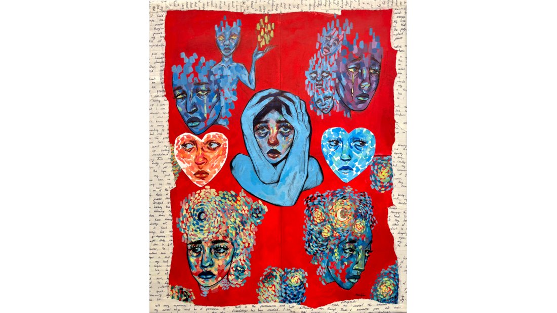 Painting of various heads and facial features placed on a red background. There is handwritten text peeking out from behind the red.