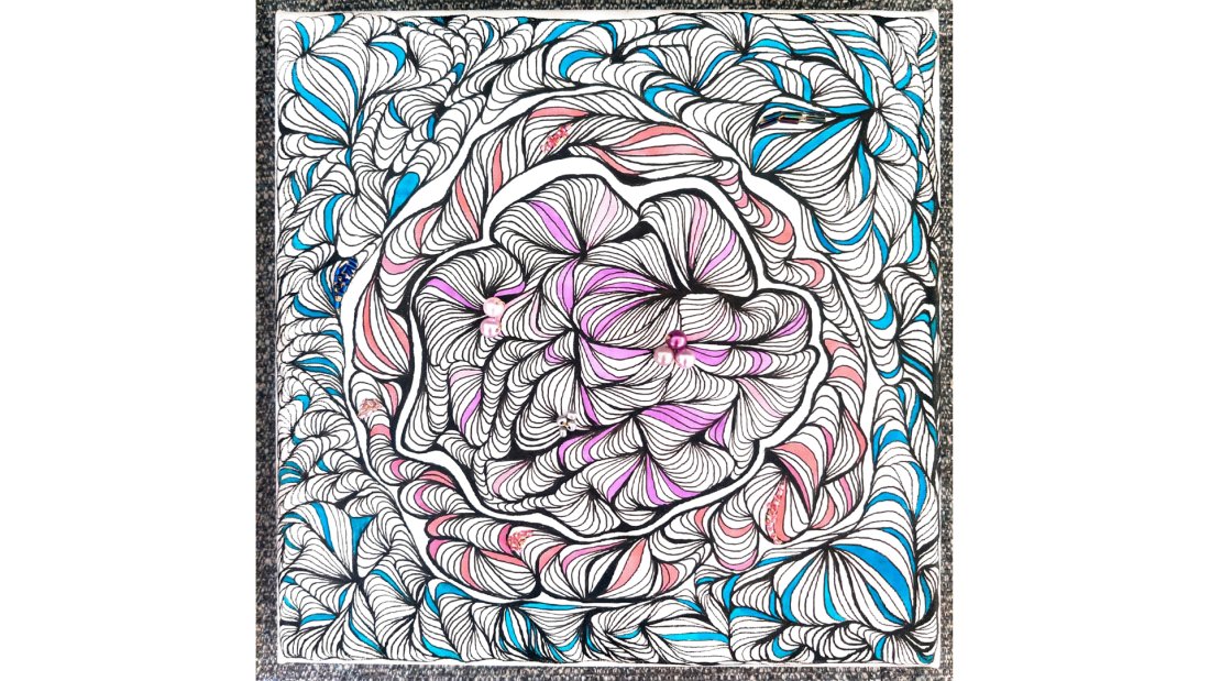 A finely detailed line drawing done in purple, pink, black, and blue ink with beads embroidered in it. 