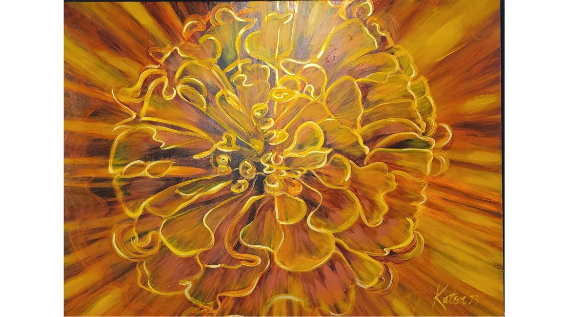 Painting of a red, yellow, and orange marigold against a backdrop of the same colours..
