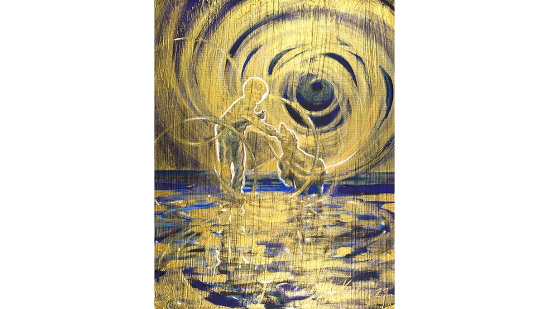 Outline of a boy and his dog in gold on a beach setting with a swirly gold and blue sky and ground.