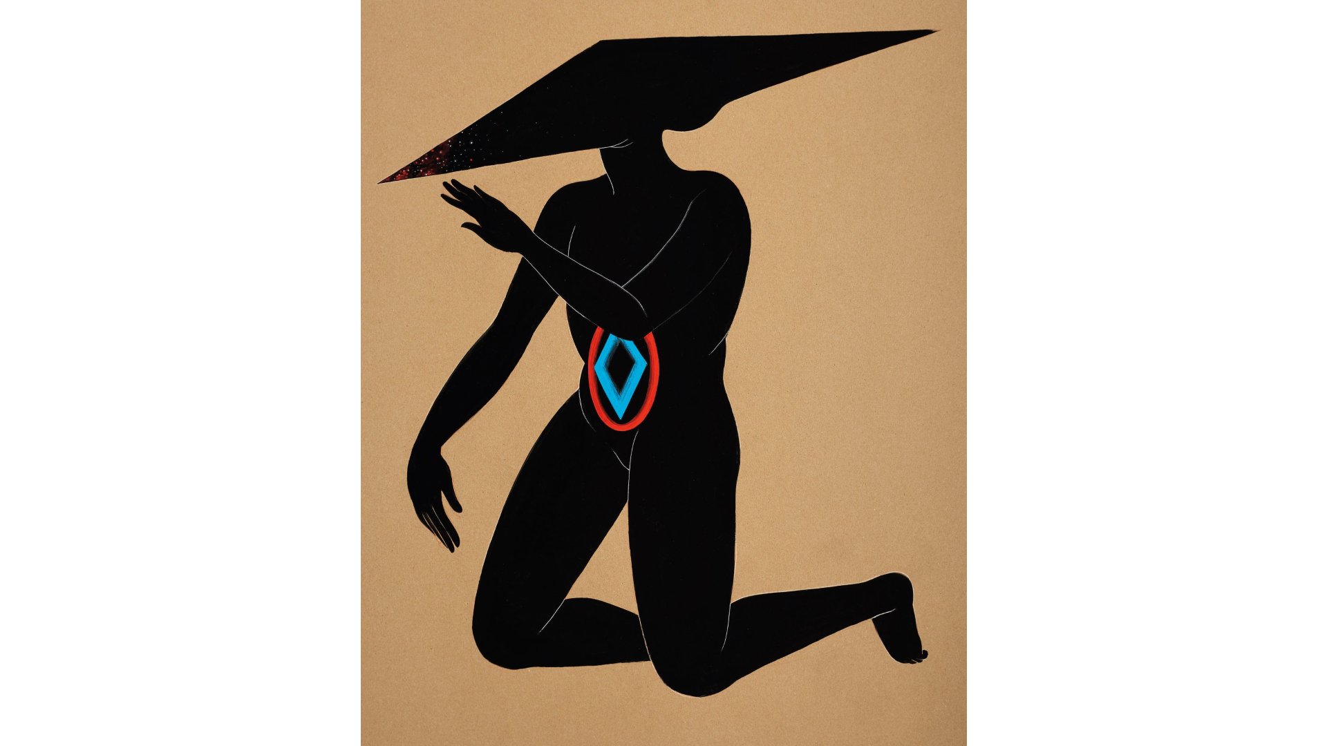 A silhouetted figure kneels with a blue diamond encircled by red on its stomach. On the head is a large trapezoidal headpiece.