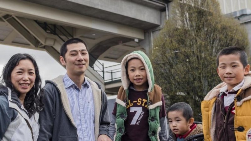 family outside of skytrain 