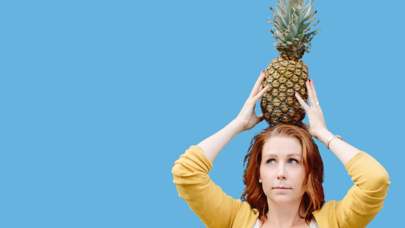 Katie-Ellen Humphries with a pineapple on her head