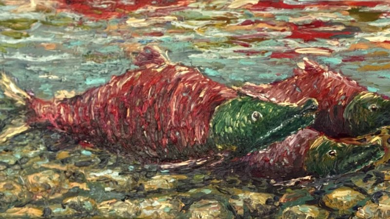 Oil painting of two salmon with textured brush strokes, in vivid shades of red and green, swimming upstream in a shallow, rocky creek.