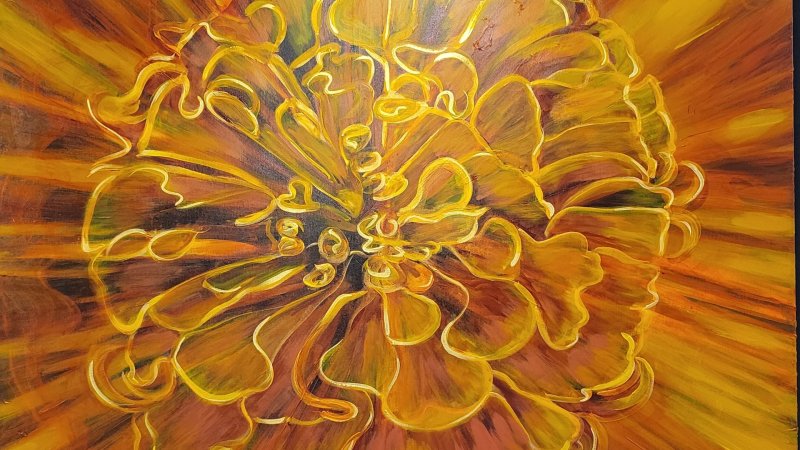 An orange, red, and yellow flower painted on a background of the same colour.