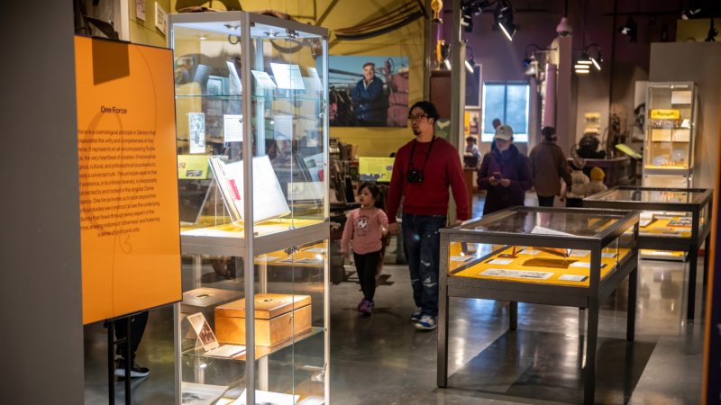 A man and a young girl explore an exhibit at the Museum of Surrey, featuring glass display cases with documents and items under dim lighting