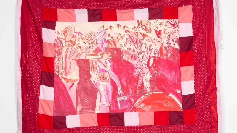 Textile artwork by Jagdeep Raina entitled 'Inspection' depicts a group of South Asian farm workers examining crops in a field. The image is in a red and magenta colour scheme.  