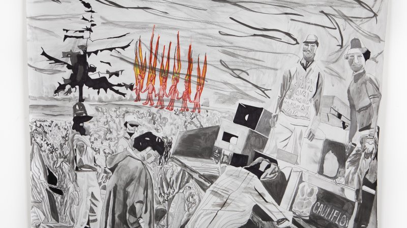 Mixed media artwork by Jagdeep Raina titled 'Walking Toward Dignity' depicts labourers in a field preparing cauliflowers. In the background, a line of people walk past, seemingly on fire. The image is in a grey and red colour scheme. 