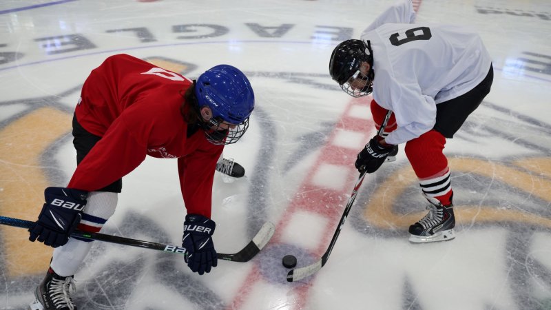 Two guys facing off for hockey.