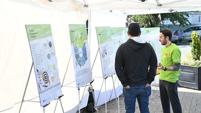 Community engagement booth with information panels on city services and budget processes in Surrey