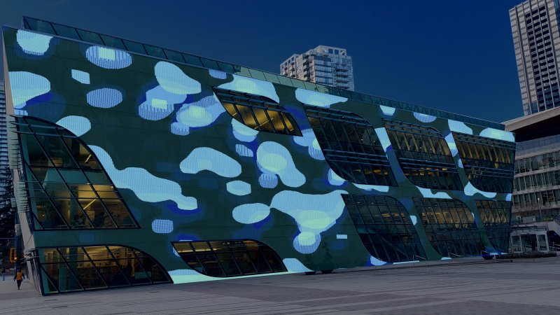 Mock-up image of Nicolas Sassoon's Liquid Landscapes at UrbanScreen on Surrey Central Library