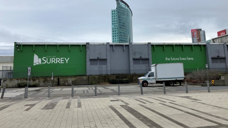 A view of the North Surrey Recreation Centre from Civic Plaza