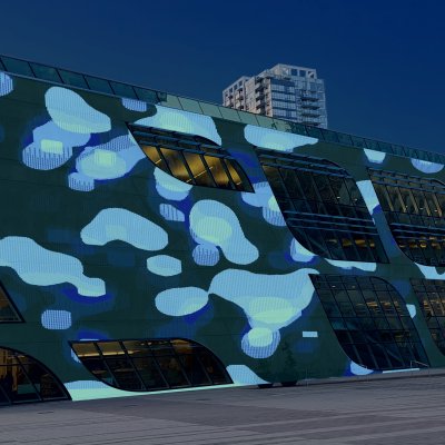 Mock-up image of Nicolas Sassoon's Liquid Landscapes at UrbanScreen on Surrey Central Library