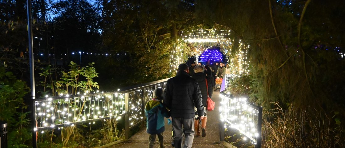 People walking along a walkway with lights.