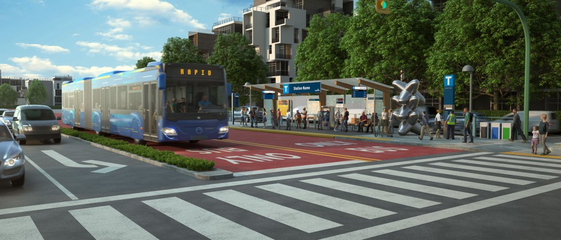 Illustration of BRT by station near intersection.