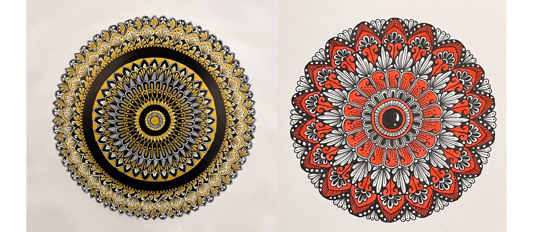 Two mandalas side to side. The left one is a gold and black pattern. The right one is a floral pattern with red and black. 