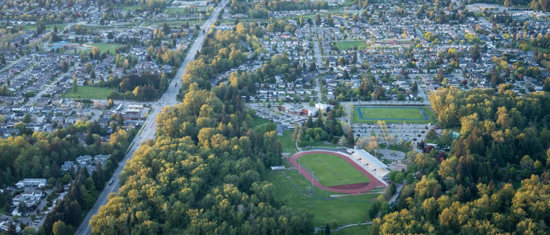 aerial of bear creek park and neighbourhood
