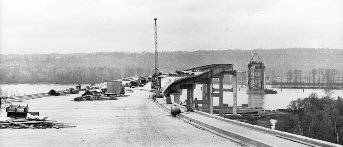 The Port Mann Bridge under construction in 1962.