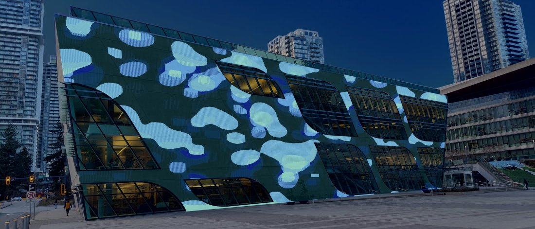 Mock-up image of Nicolas Sassoon's Liquid Landscapes at UrbanScreen on Surrey Central Library