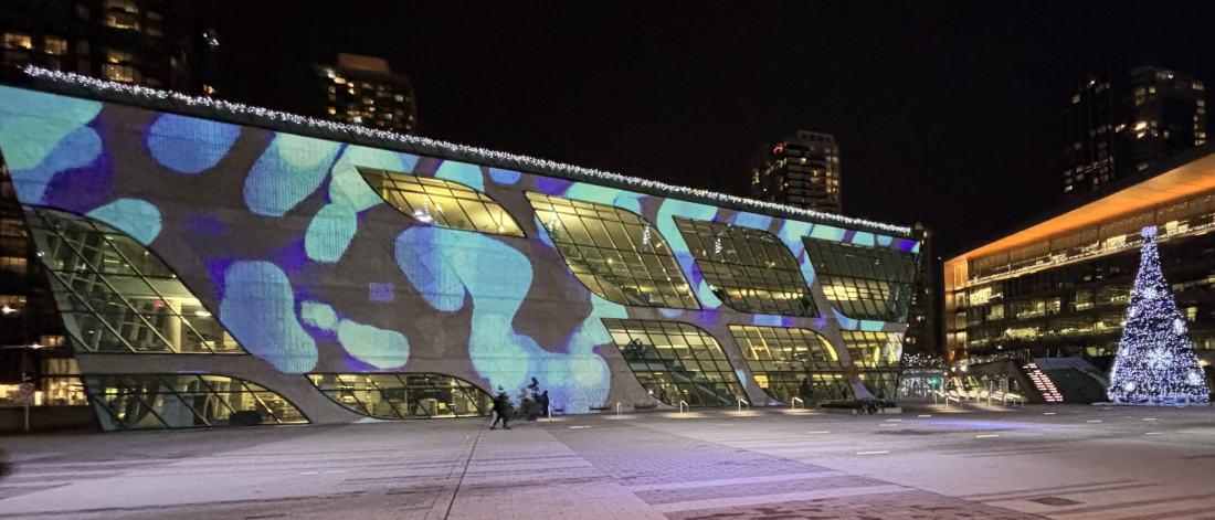 A view of the UrbanScreen art display at Surrey Civic Plaza