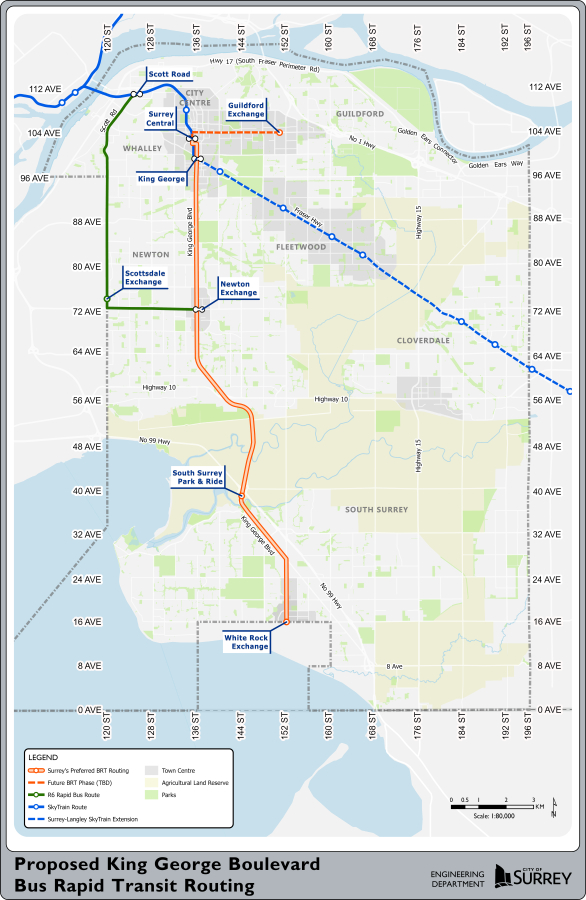 Map shows City's preferred route and TransLink's proposed route