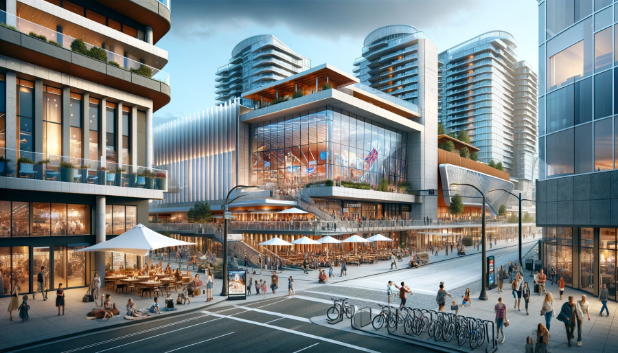 rendering of concept for entertainment district: a busy street and entertainment facilities
