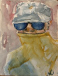 Watercolor painting of a person wearing a grey cap, sunglasses, and a mustard yellow scarf covering the lower half of their face, set against a softly blended background.