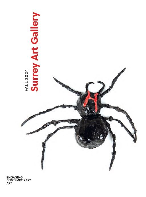 Surrey Art Gallery's Fall 2024 Program Guide cover featuring a black ceramic spider with the letter H in red on its head