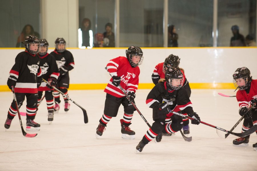 Children playing hockey. 