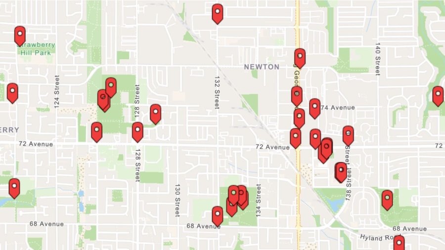 A screenshot of our Focus Newton tool featuring red markers where projects are located.